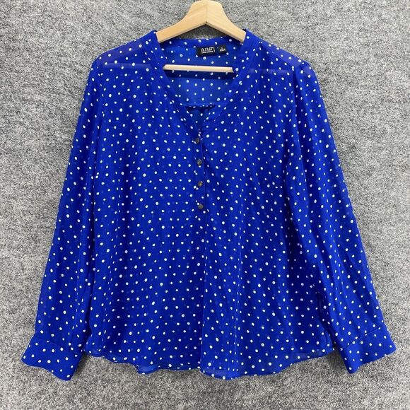 5/$45 A New Approach Blouse Women PL Petite Blue Polka Dot 1/2 Button V-Neck - Picture 1 of 9